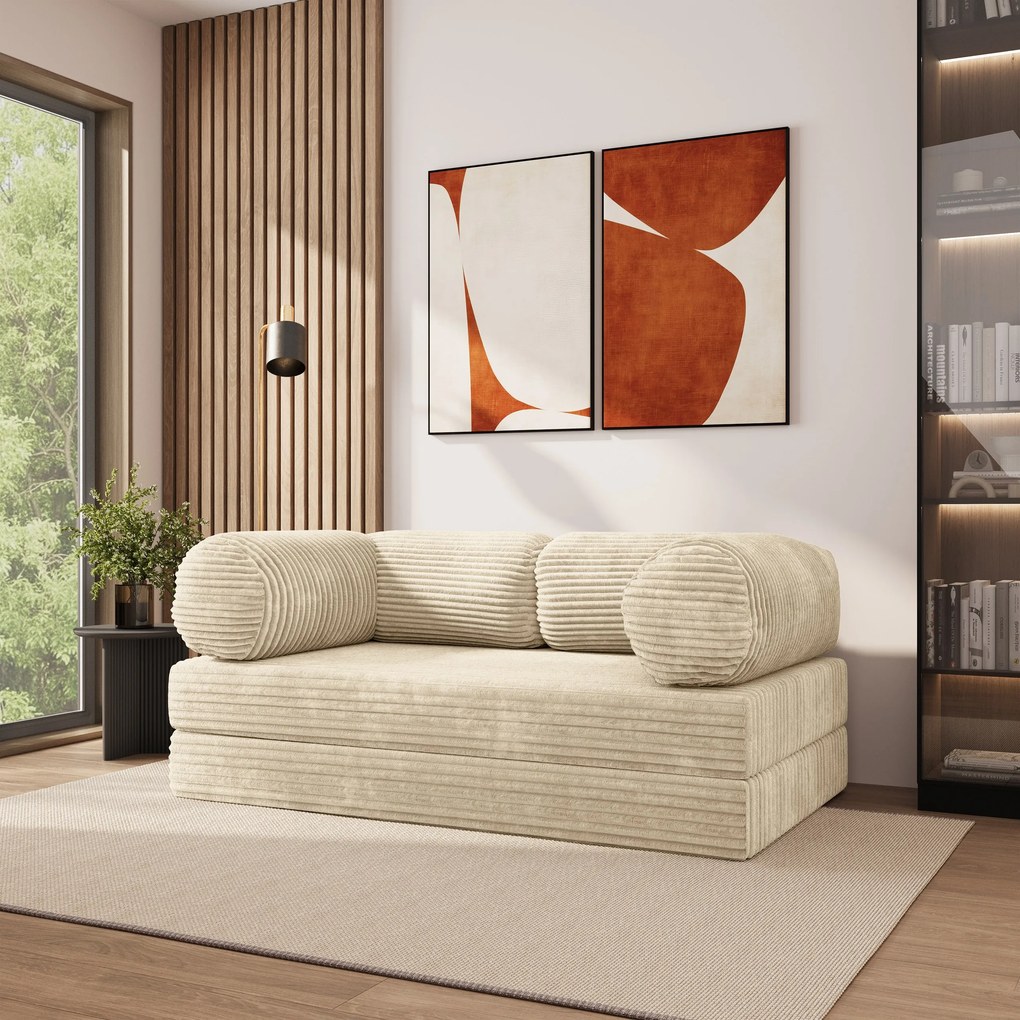 Masseno Sofa piankowa ALVIO z funkcją spania, Kanapa z pianki do salonu, Bezmontażowa, Tkanina sztruksowa – Kremowy TILIA 03