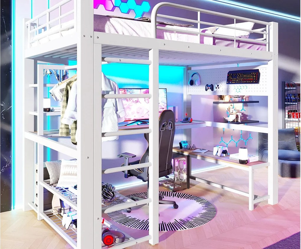 Łóżko na antresoli 140×200 cm - Konstrukcja metalowa - Oświetlenie LED - Drabina w zestawie - Biały​ (materac nie jest wliczony w cenę)