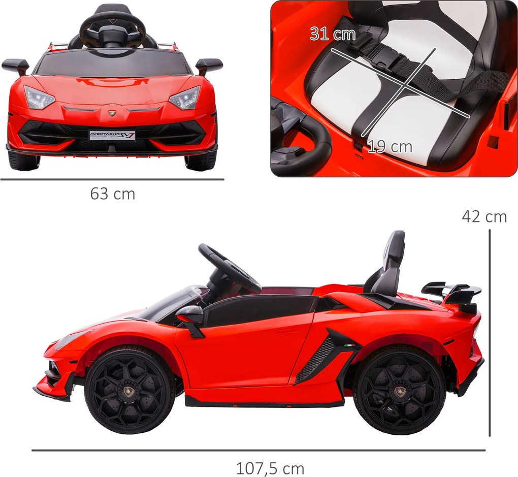 HOMCOM Elektryczny Samochód Dla Dzieci, Licencyjny Lamborghini Aventador, Drzwi Skrzydłowe, Muzyka, Klakson, Dla 3-5 Lat, czerwony