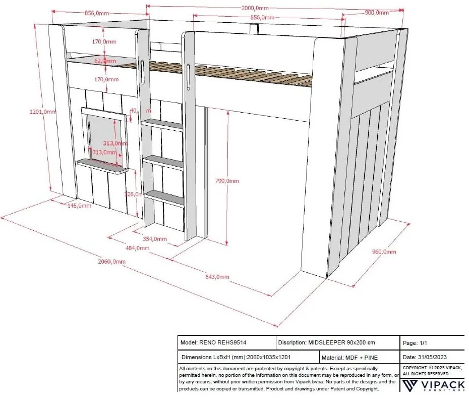 Białe podwyższone łóżko dziecięce z litego drewna sosnowego 90x200 cm RENO – Vipack
