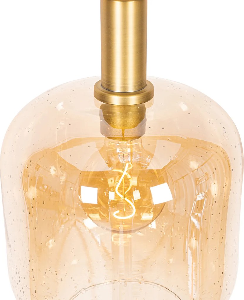 Designerska lampa wisząca czarna z mosiądzem i bursztynowym szkłem - Zuzanna