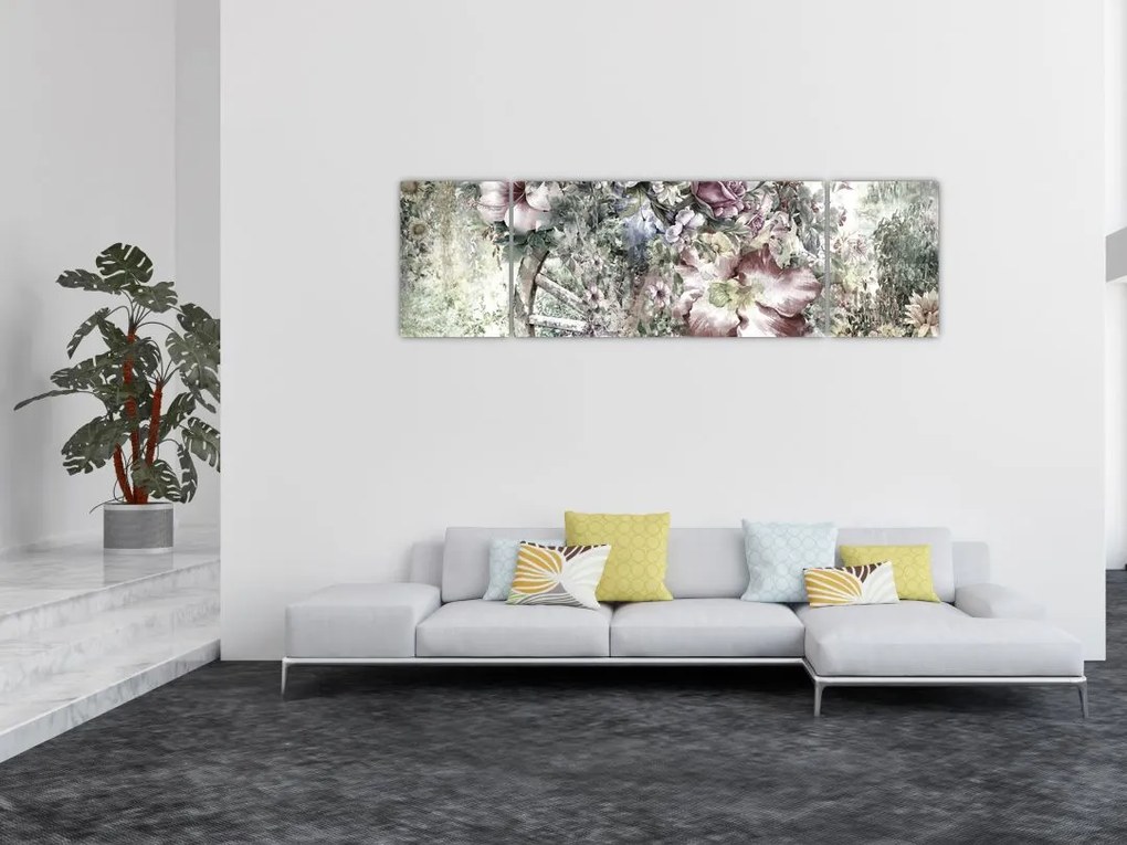Obraz kwiatów na drewnianym kole (170x50 cm)