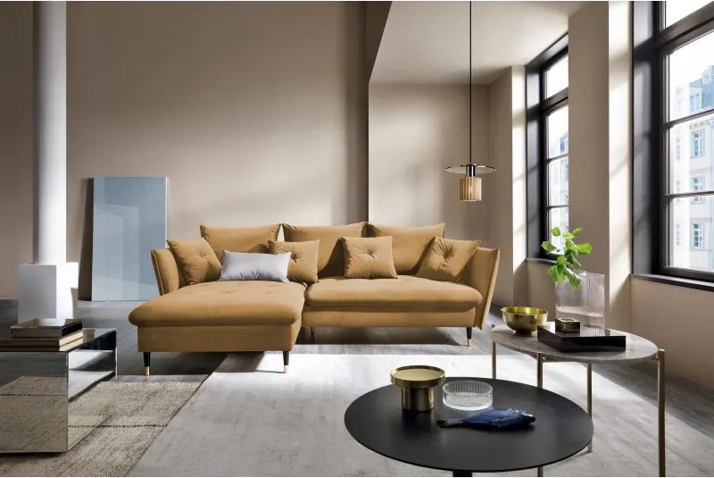 Narożnik GLAM Lewostronny z funkcją spania, zestaw z poduszkami wolnostojący tkanina RIVIERA 41 Platynowy DOMO HOME