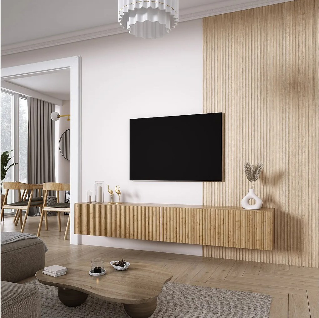 Szafka pod telewizor (2 x 100 cm), fronty ryflowane, Dąb Craft, 200 × 32 × 33,6 cm