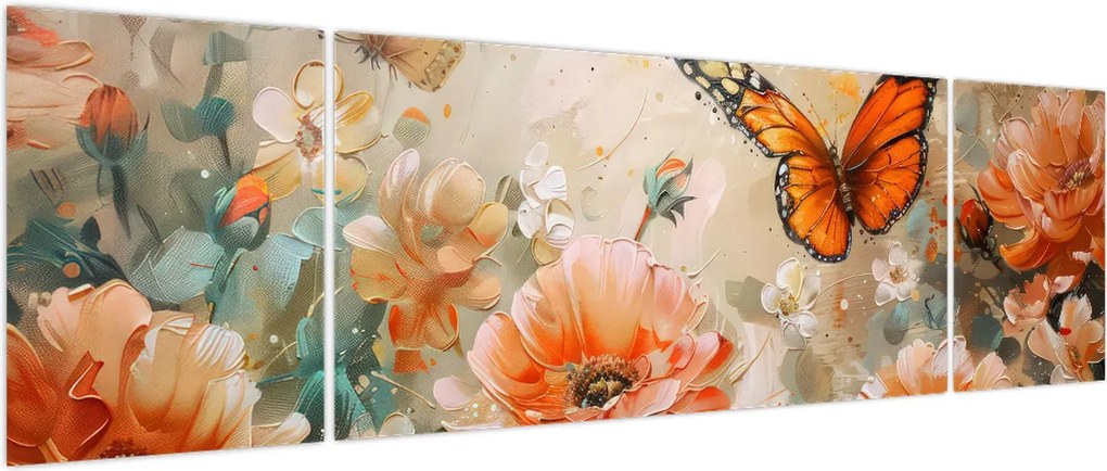 Obraz - Motyl i kwiaty, obraz olejny (170x50 cm)