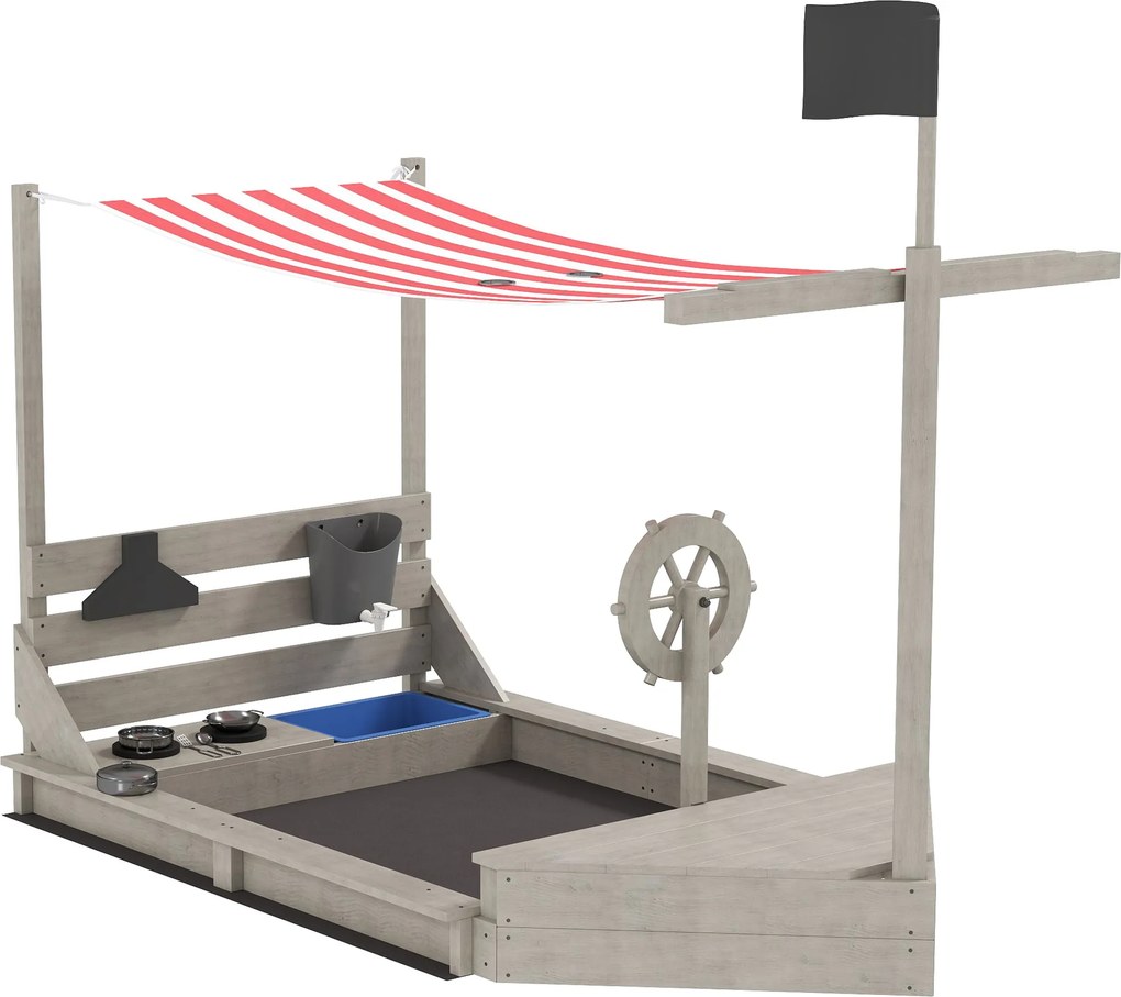 Outsunny Piaskownica Piracki Statek z Daszkiem i Zestawem Kuchennym dla Dzieci, Drewno, 180 x 103 x 144,5 cm, Szara