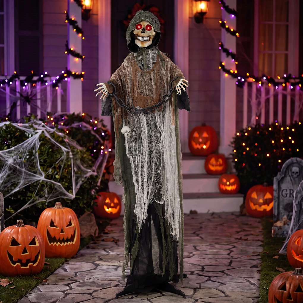 HOMCOM Animowany Żniwiarz, 170 cm, animatronika halloweenowa w skali naturalnej z ruchomymi dłońmi/głową, świecącymi oczami i przerażającym dźwiękiem | Aosom PL