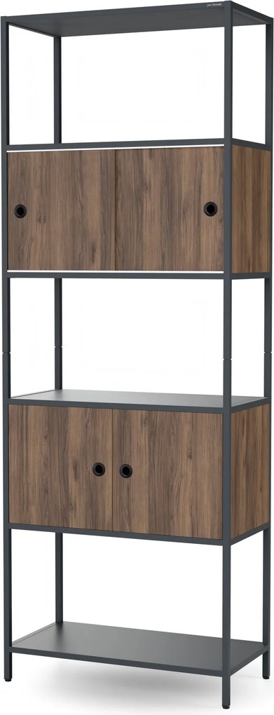 Regał na segregatory z szafką zamykaną, biurowy, otwarte półki, metalowy antracytowy/orzech, 800x2200x400 mm: ARIEL Eco Design