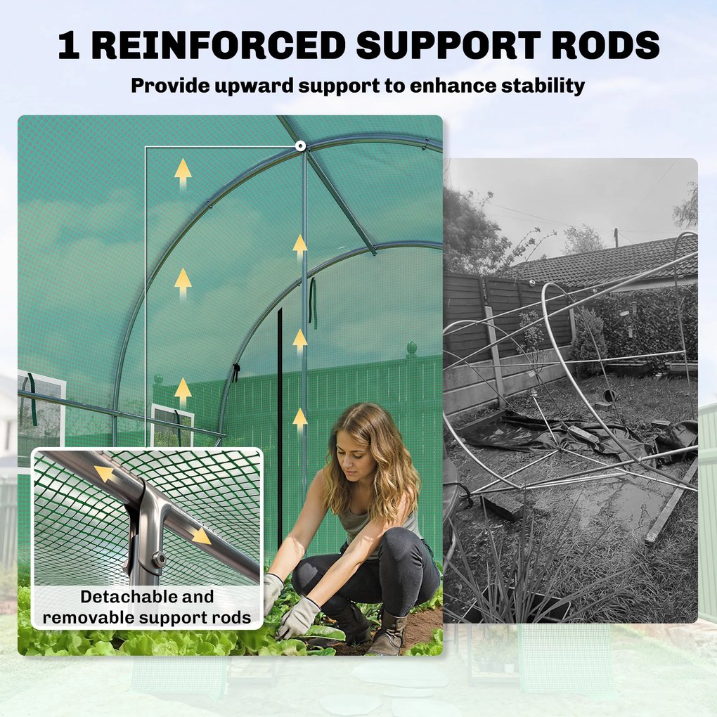 Outsunny Szklarnia 3 x 2 x 2 m tunel foliowy z rolowanymi drzwiami, 2 drzwi na zamek błyskawiczny i 6 siatkowych okien, pręty podpierające, zielony | Aosom PL