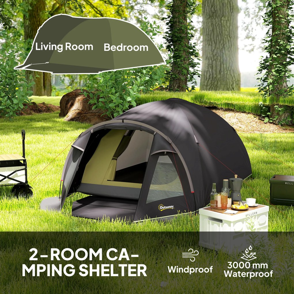 Outsunny Lekki Namiot Campingowy dla 4 Osób UV 50+ - Tunelowy, Czarny z Przedsionkiem, Bocznymi Drzwiami i Oknami