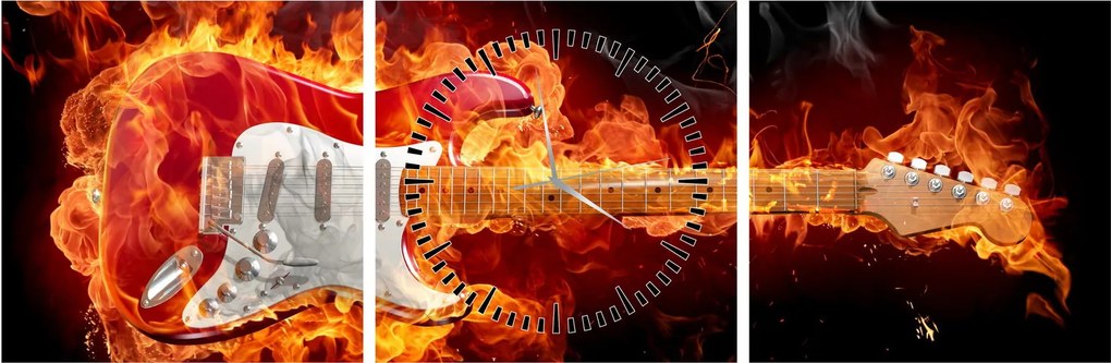 Obraz - Gitara w płomieniach (z zegarem) (90x30 cm)