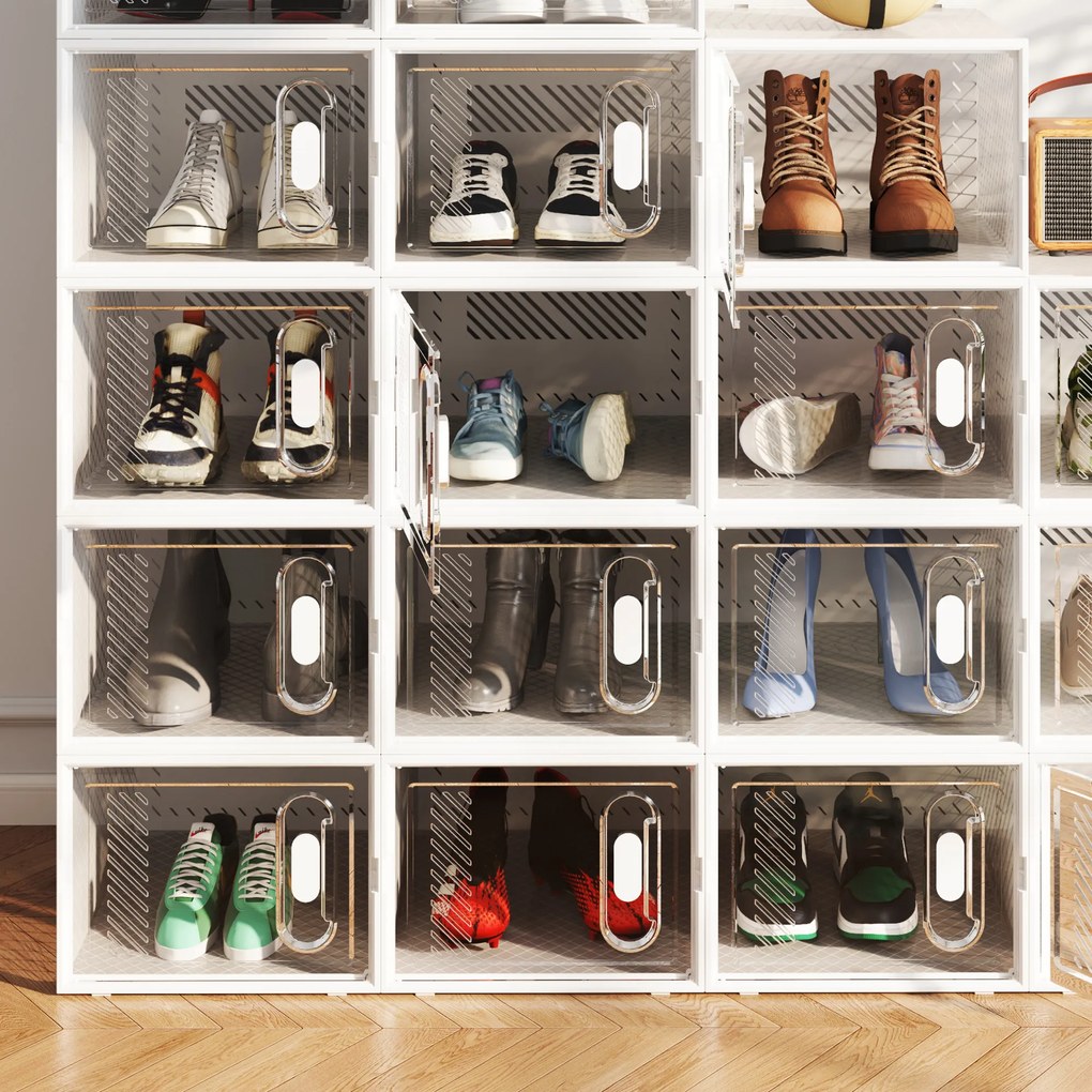 HOMCOM 8-częściowy regał na buty, stosowalne pudełka na buty do rozmiaru 46, drzwi magnetyczne, Plastik, 28 x 36 x 21 cm