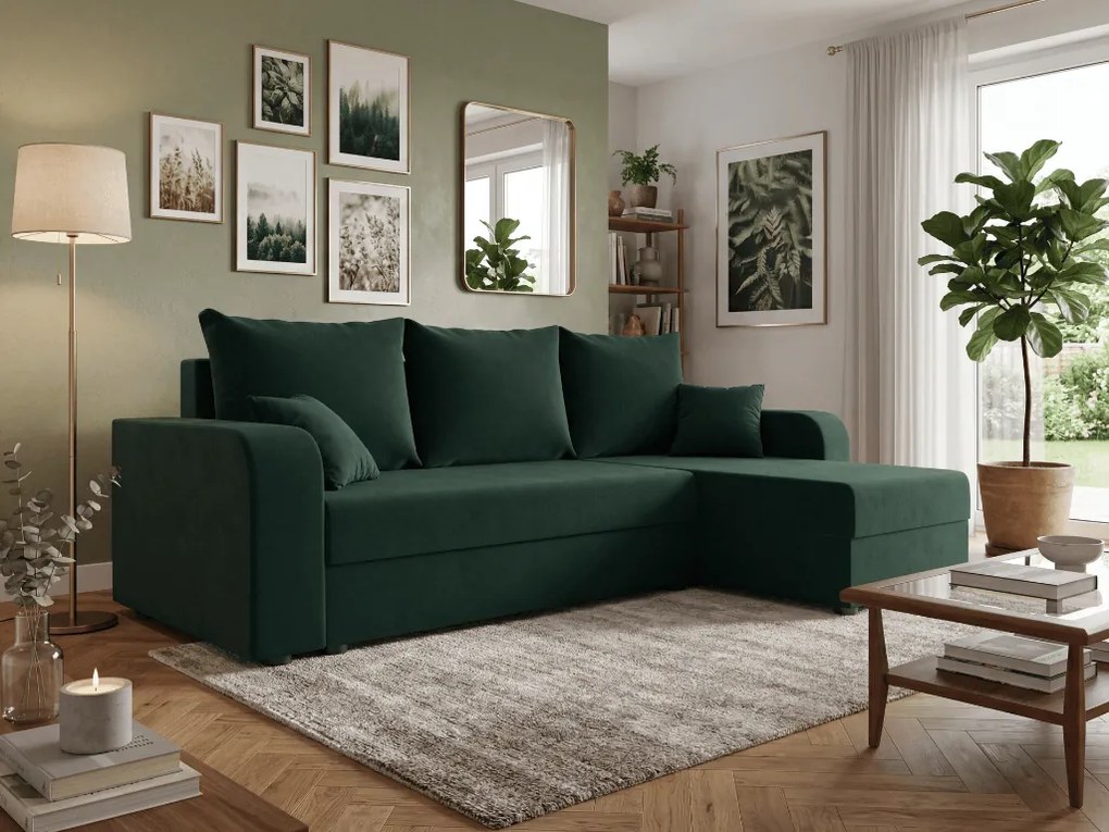PROMOCJA Rozkładany narożnik obustronny do L VALERIO 238x140 cm, ciemnozielony + 2 poduszki GRATIS II. gatunek