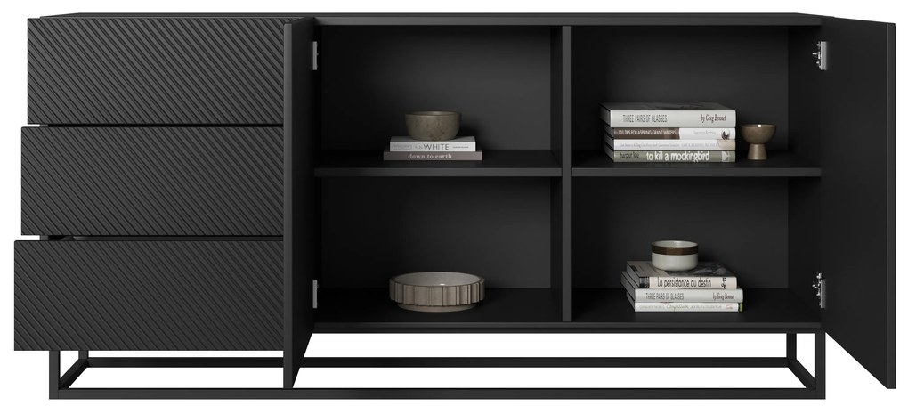 Komoda Asha 167 cm dwudrzwiowa z szufladami - czarny mat / czarny stelaż