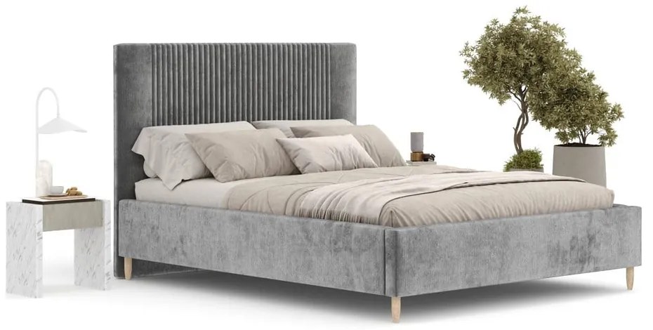 Szare tapicerowane łóżko dwuosobowe ze schowkiem ze stelażem 160x200 cm Etero – Maison de Rêve
