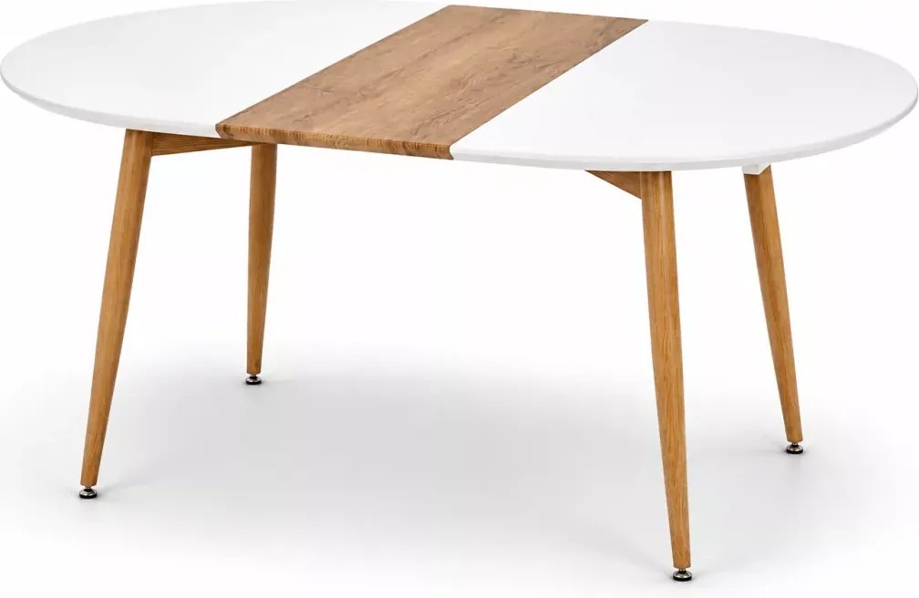 Nowoczesny owalny stół Tonga 120-200 cm z rozkładanym białym lakierowanym blatem MDF i nogami w kolorze dębu