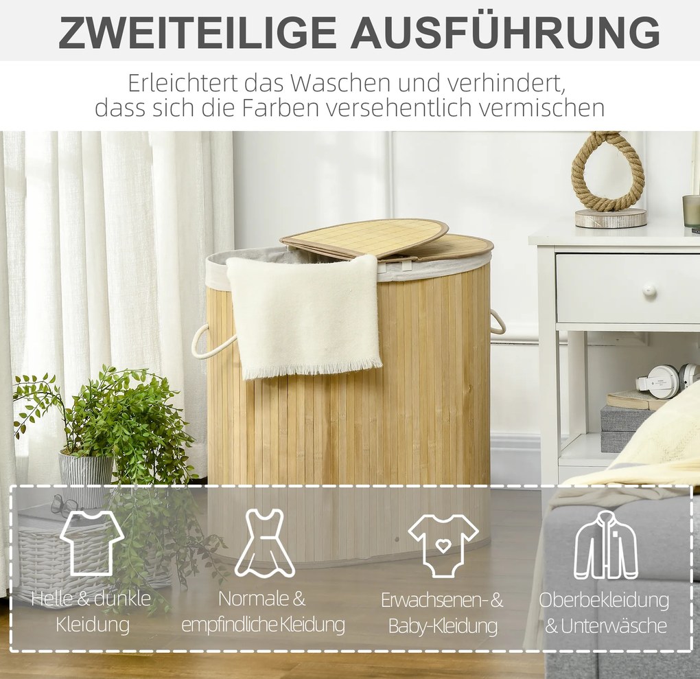 HOMCOM Kosz na bieliznę 100L z wyjmowaną ławą do prania 62,5 cm x 37 cm x 60,5 cm Naturalny + Biały