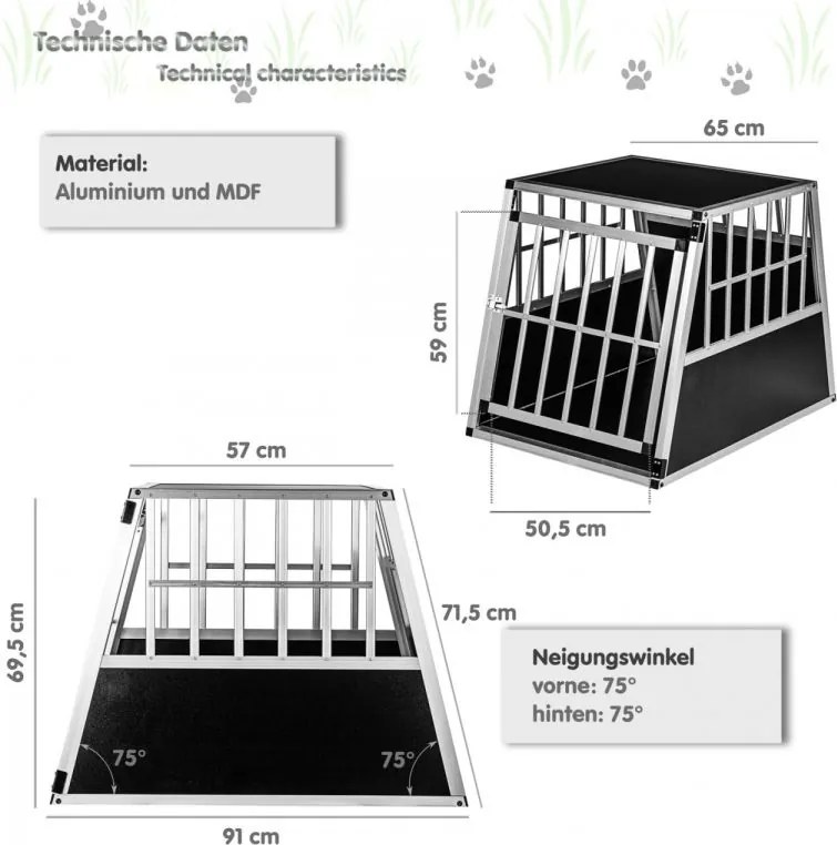 Aluminiowa skrzynia transportowa dla psów, 65 × 91 × 69,5 cm