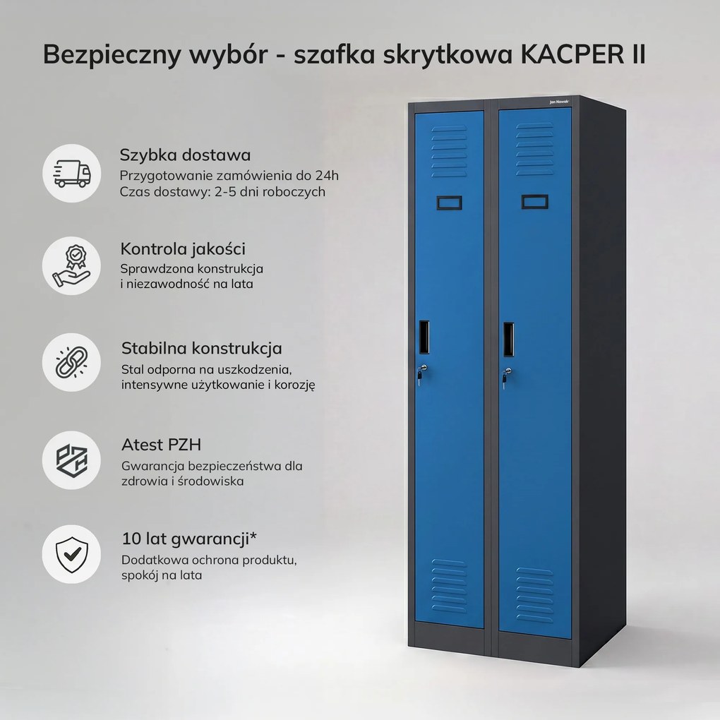 Szafka pracownicza dwukomorowa antracytowo-niebieska: KACPER II, 600 x 1800 x 500 mm 