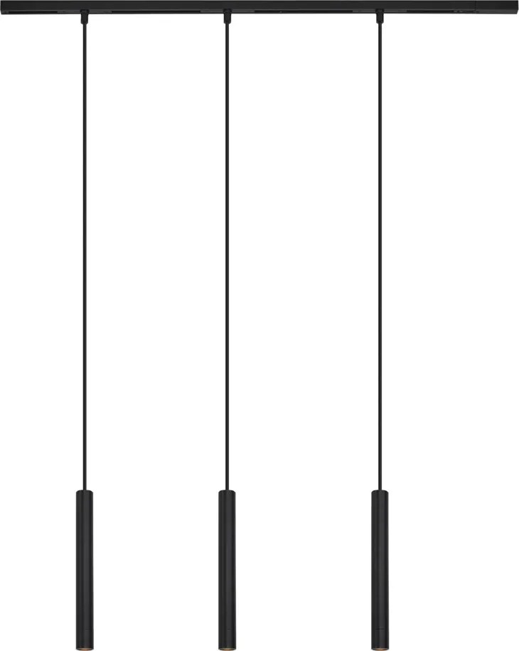 Nowoczesny system oświetlenia szynowego Slimline Keno z 3 czarnymi lampami wiszącymi 1-fazowymi