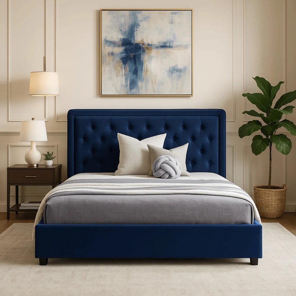 Łóżko Tapicerowane 160x200 cm ze Stelażem Dwuosobowe CROS Welurowe Granatowe
