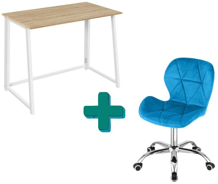 Zestaw do biura – składany stół ZARIMO 80×40 cm biały + krzesło biurowe AVOLA VELVET niebieskie