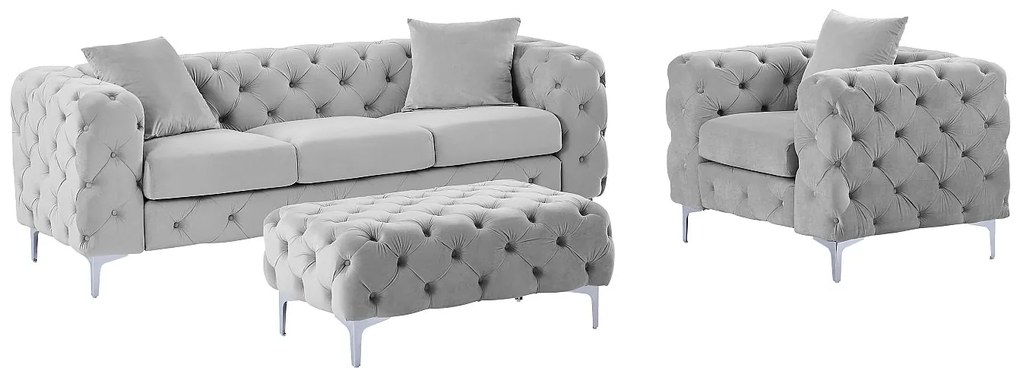 Kanapa 3-osobowa, fotel i puf chesterfield z jasnoszarego weluru - EDWINA