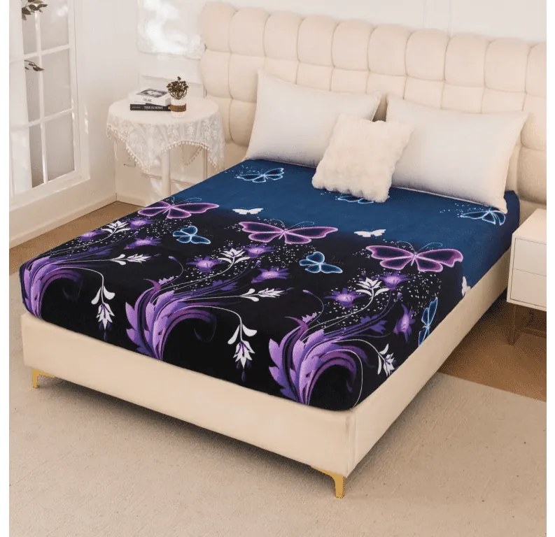 PrzytulneMieszkanie.pl Prześcieradło z mikropluszu VIOLET BUTTERFLY 160x200 cm ciemnoniebieskie