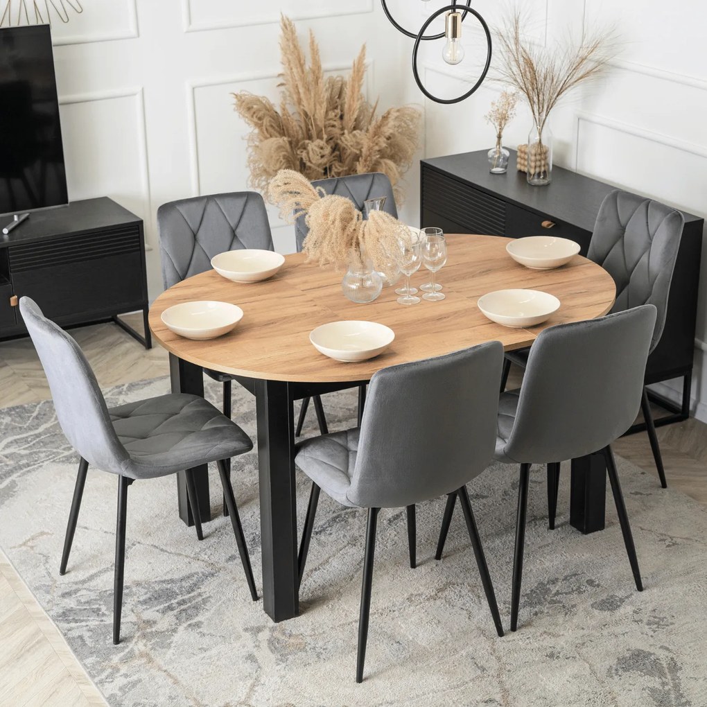 Zestaw Stół Okrągły Rozkładany HARRY 102-142 cm Dąb Craft/Czarny i 6 Krzeseł Tapicerowanych ROBIN Szarych Nowoczesnych
