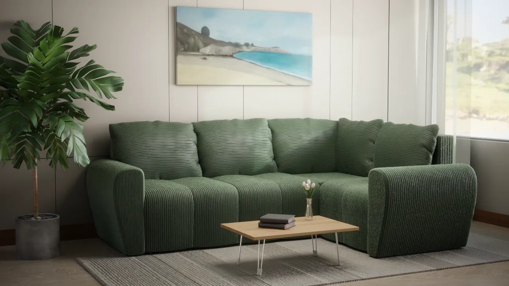 Komfortowa sofa narożna BUENO II z funkcją spania, tapicerowana w niebieskim kolorze, schowek pod siedziskiem