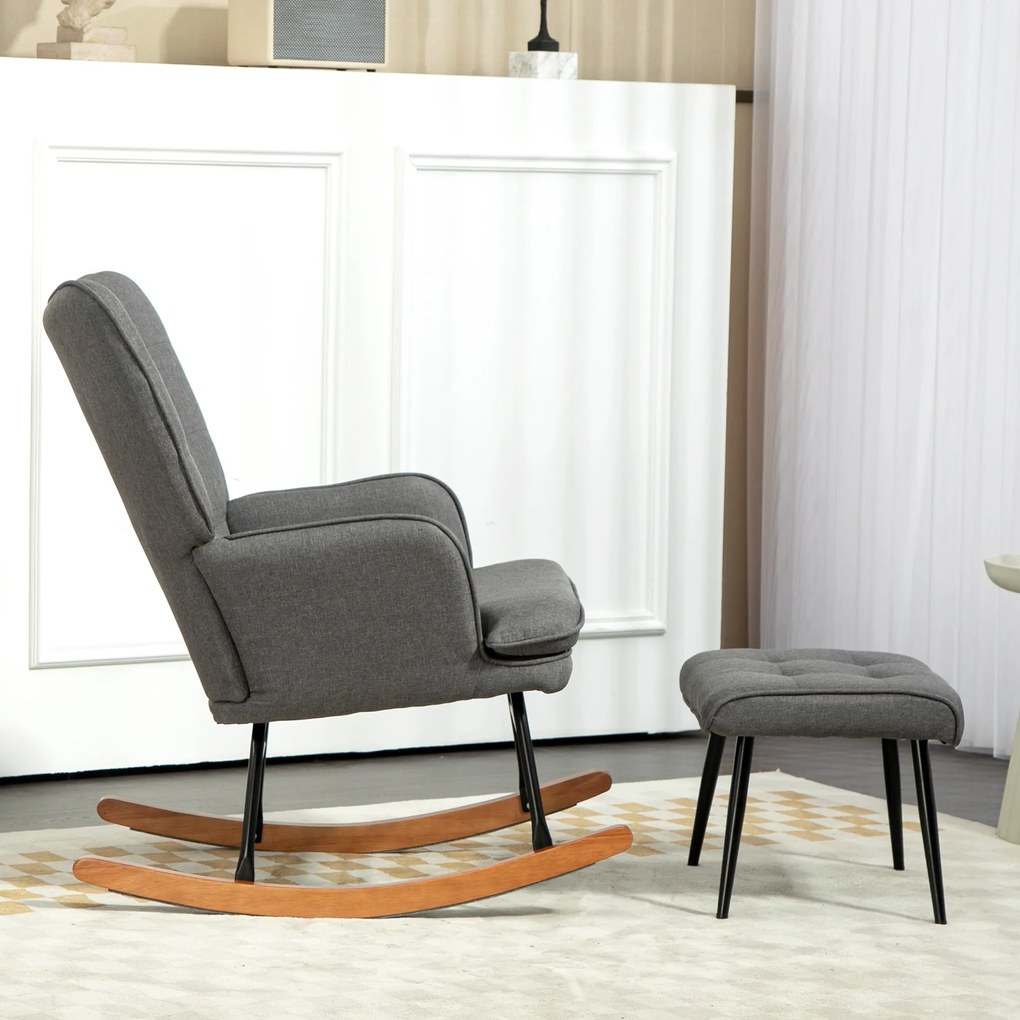 HOMCOM Fotel Bujany z Podnóżkiem, Komfortowy, do 130 kg, Wygląd Lnu, 64x89x90cm, Ciemnoszary