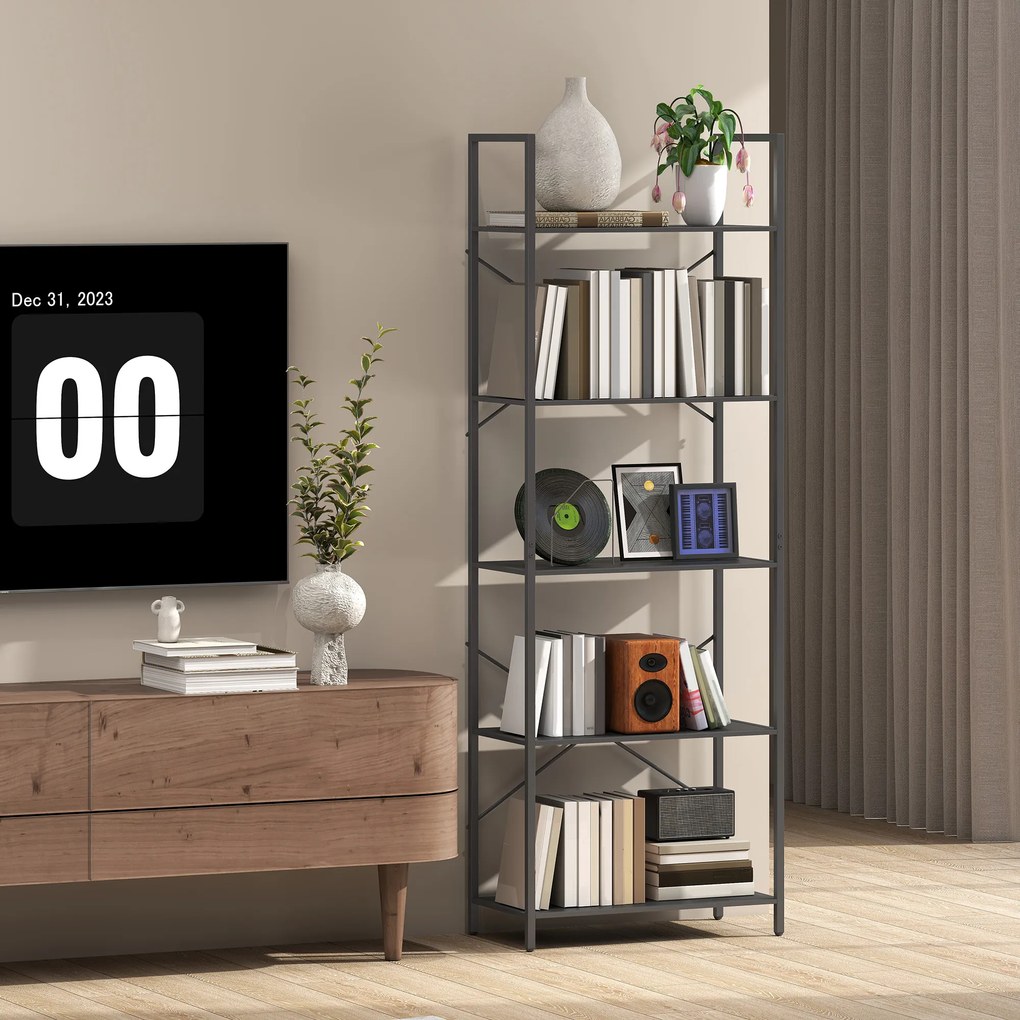 HOMCOM Regał na książki, stojący regał 5 półek, industrialny regał biurowy z metalowym stelażem, otwarty regał do przechowywania do salonu, biura, gabinetu, 60x30x170,5 cm, Czarny