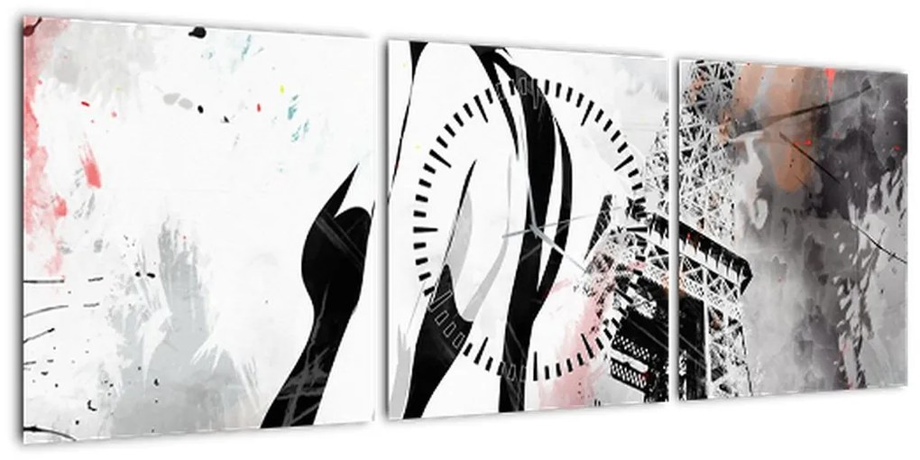 Obraz - Dama i Wieża Eiffla (z zegarem) (90x30 cm)