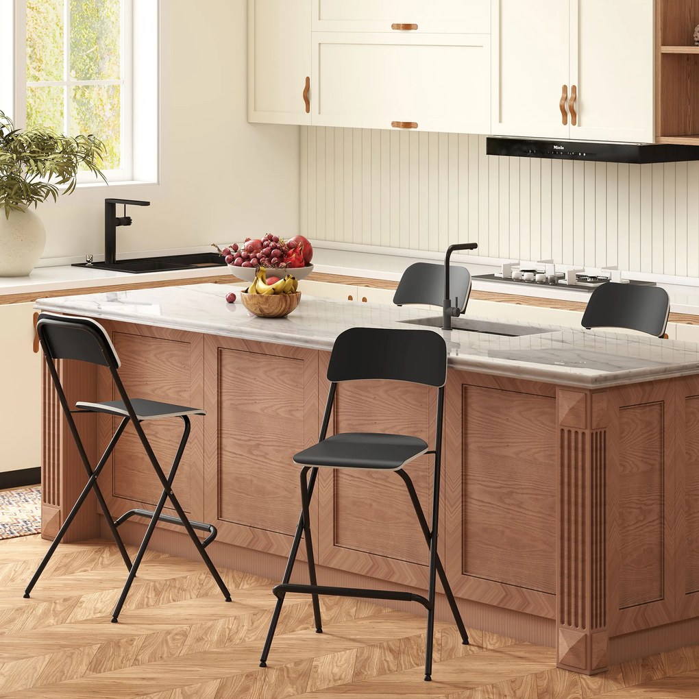 HOMCOM Zestaw 2 Hockerów Barowych, składane hockery z stalową ramą, do kuchni, jadalni, czarny