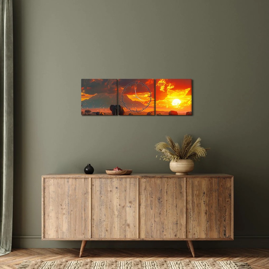 Obraz - Stado słoni (z zegarem) (90x30 cm)