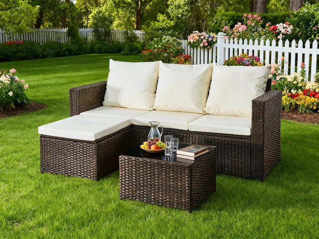 Narożnik ogrodowy (3-osobowa sofa, pufa, stolik) OTTIMO brązowy