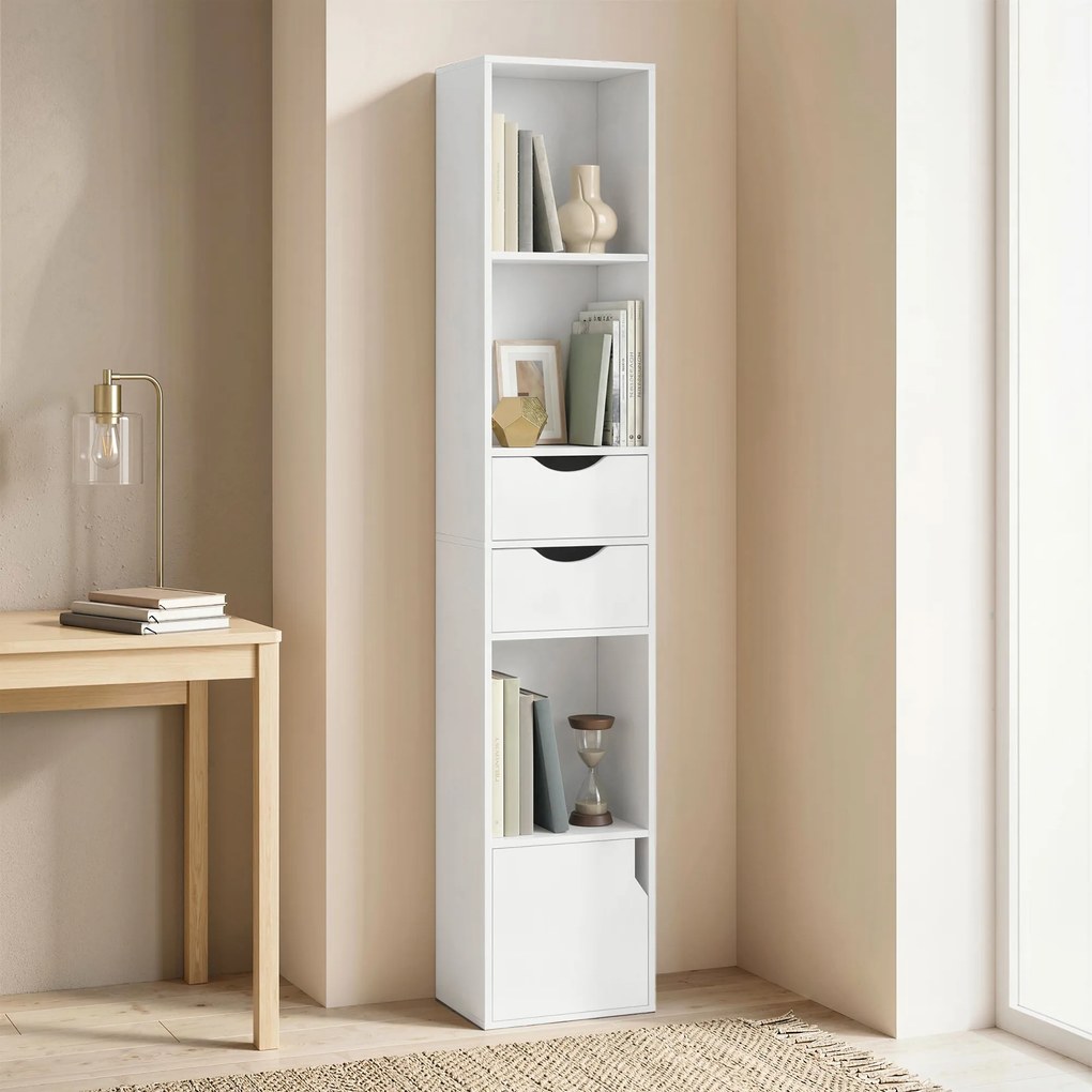 HOMCOM Regał na książki z 2 szufladami, wąska szafka z 3 otwartymi półkami, do biura, sypialni 30x24x158cm Biały | Aosom PL