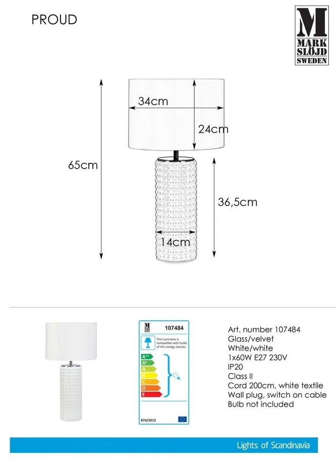 Biała lampa stołowa Markslöjd Proud, ø 34 cm