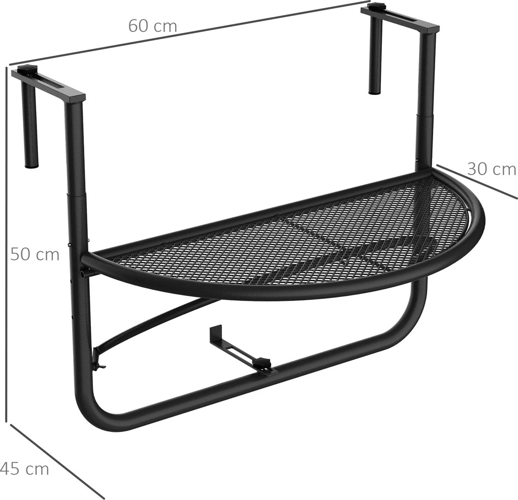 Outsunny Stół Wiszący Balkonowy Półokrągły Regulowana Wysokość Metalowy Czarny 60x45x50cm | Aosom PL