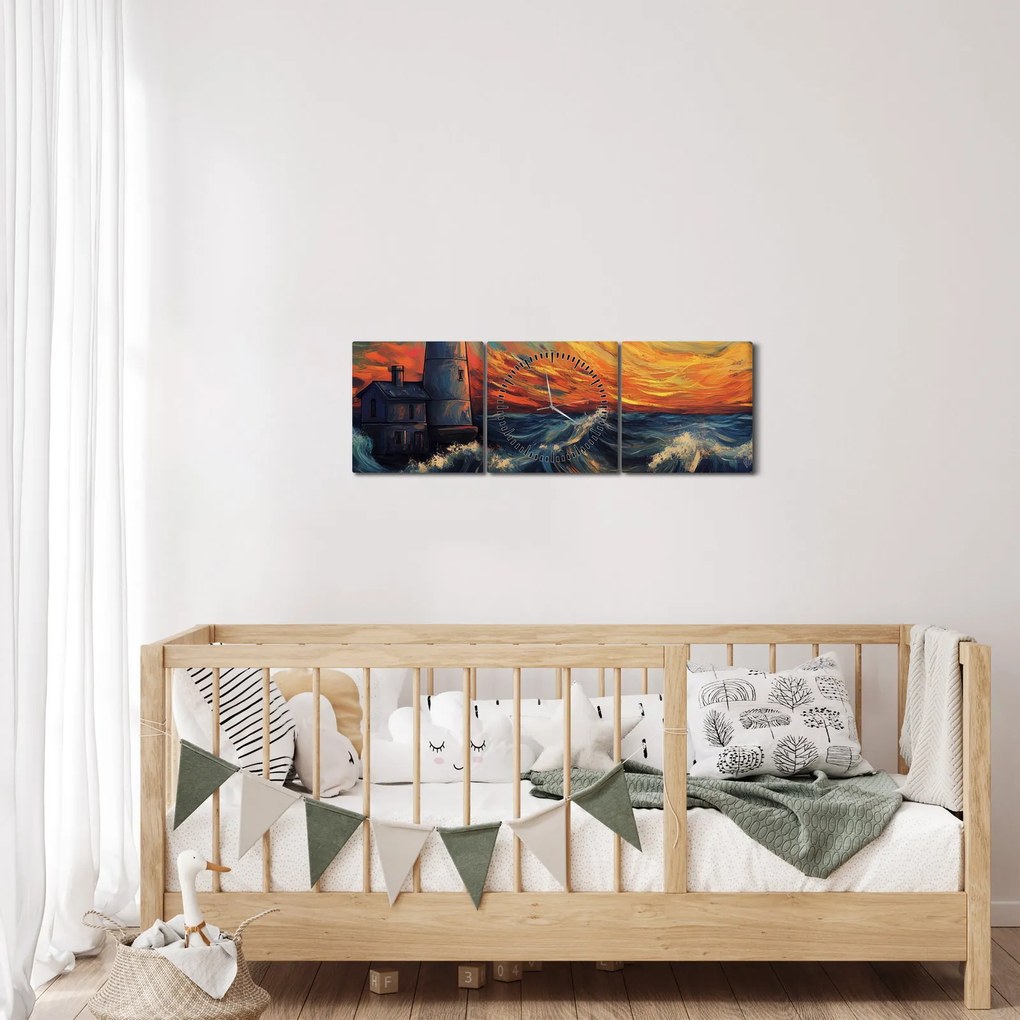 Obraz - Latarnia morska w falach (z zegarem) (90x30 cm)
