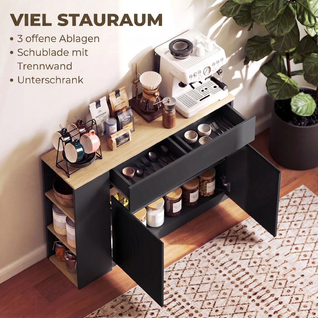 HOMCOM Sideboard, kredens, duża komora szafkowa, 3-stopniowy regał, szuflada, czarny, 110 x 29,5 x 82 cm | Aosom PL