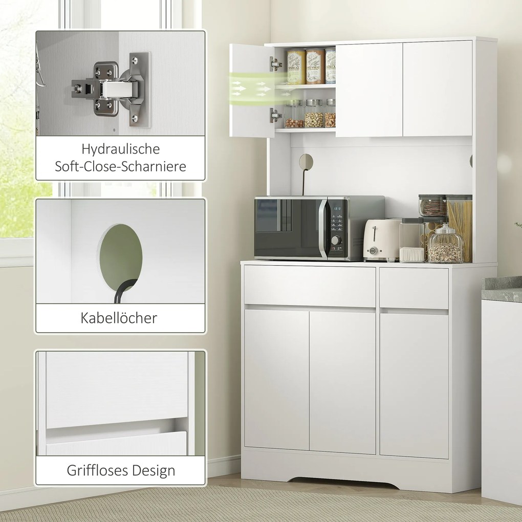 HOMCOM Szafka kuchenna z otwartą powierzchnią roboczą, 6 drzwi, 2 szuflady, regulowane półki, otwory na kable, Płyta wiórowa, Biały