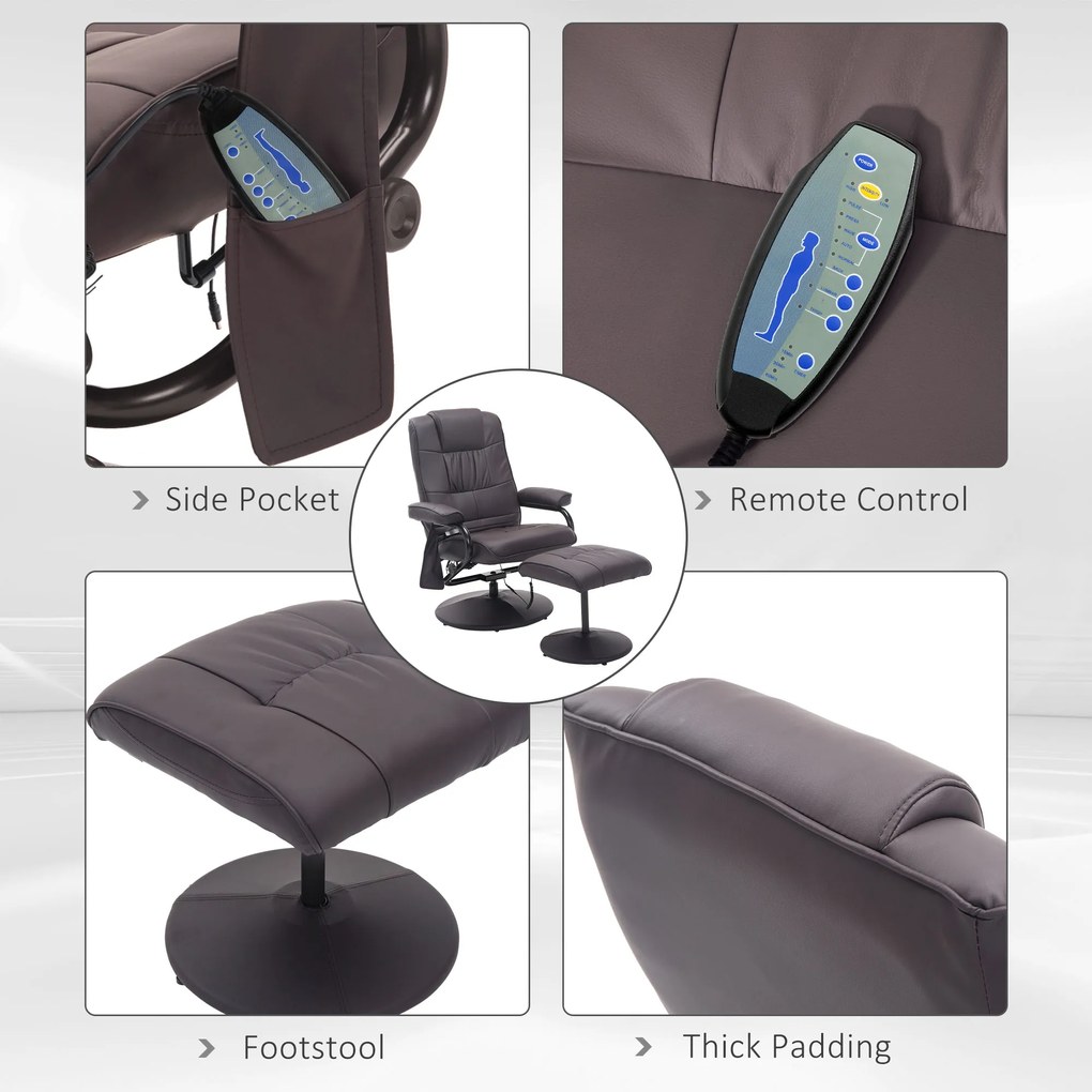 HOMCOM Fotel do Masażu Relax z Podnóżkiem 10 Punktów Wibracji Elegancki Brązowy | Aosom PL