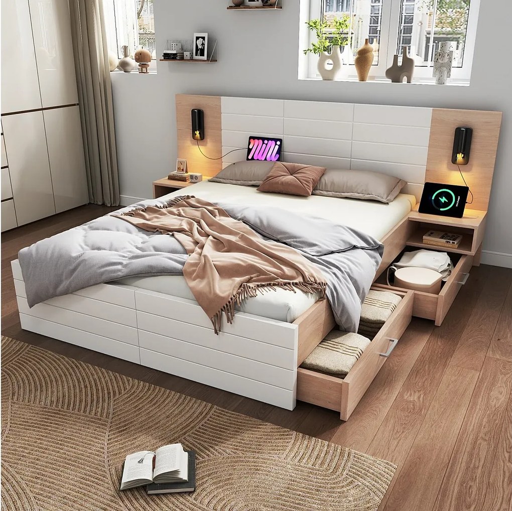 Łóżeczka z szufladami i chevetami 180x200 cm, biały dąb, z lampami odczytu 360 ° i portów obciążenia USB, 255 × 207x80 cm