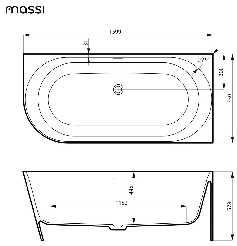 Wanna wolnostojąca narożna WALL Beige Matt / Glow prawa konglomerat beżowa błyszcząca/matowa 160 x 75 cm z przelewem typu SLIM : Kolor wanny - Szary połysk