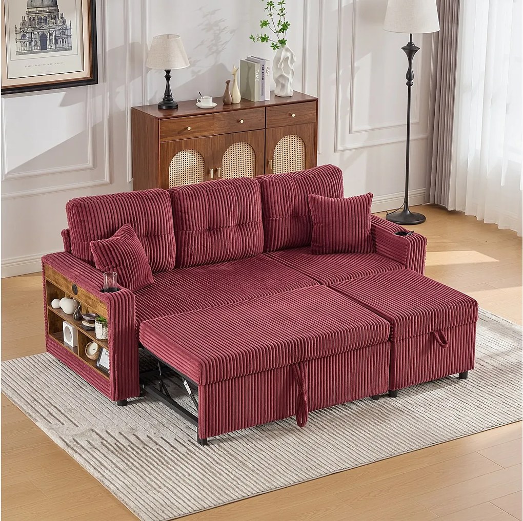 Sofa 3-osobowa rozkładana - z miejscem do przechowywania i wysuwanym łóżkiem + USB + diody LED + uchwyty na kubki - aksamitna - czerwona