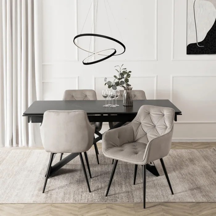 Zestaw Stół Prostokątny Rozkładany VICTOR 160-240 cm Czarny Marmur i 4 Krzesła MODESTO Szare Welurowe Nowoczesne