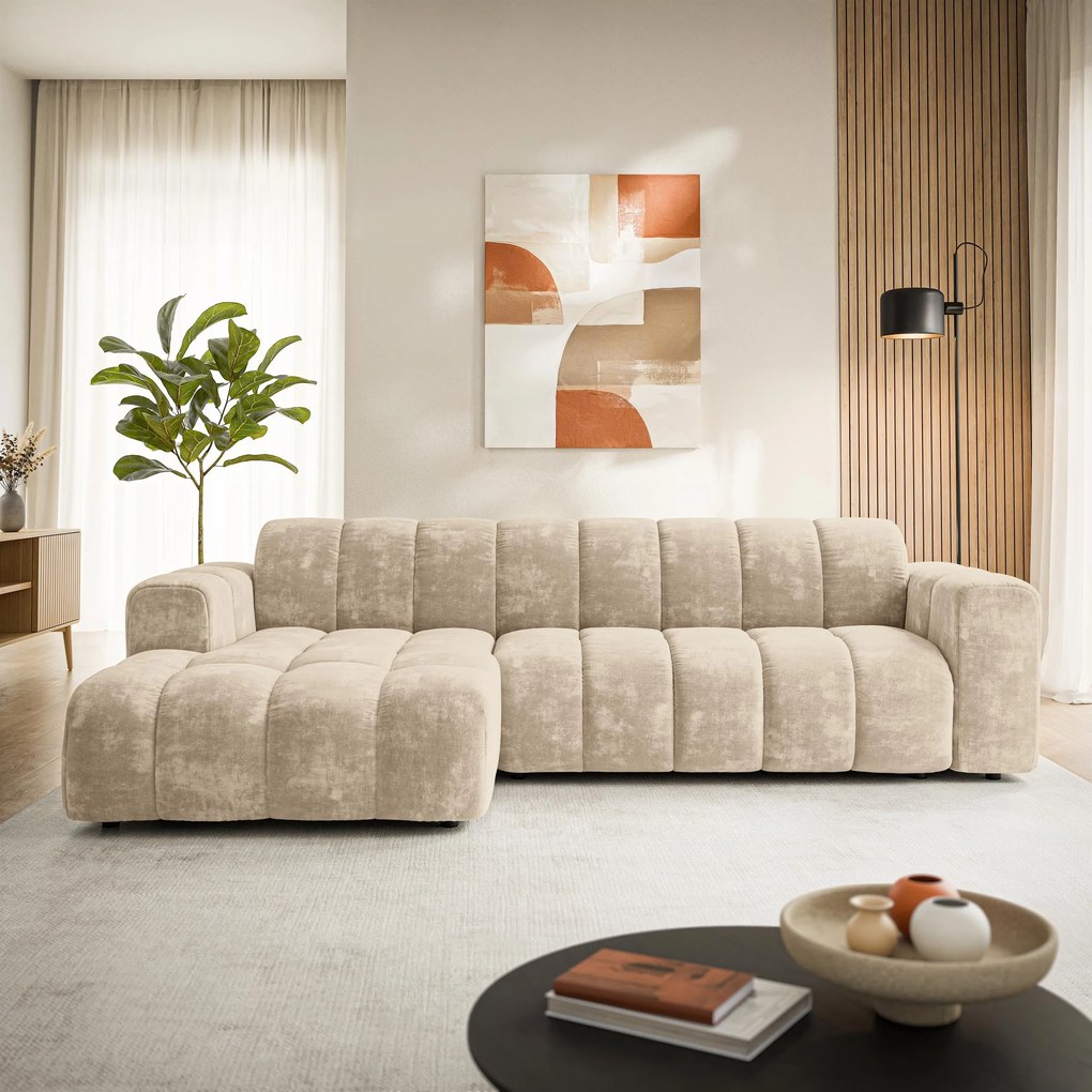 Masseno Narożnik SETIA Lewostronny, L-Kształtny, Nowoczesna Sofa narożna, Tkanina Szenilowa - Kremowy, LUMO 55