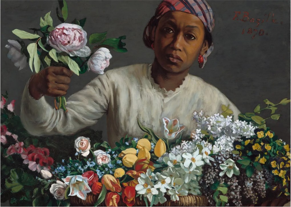 Obraz na szkle - Frédéric Bazille, Young Woman with Peonies, reprodukcje (70x50 cm)