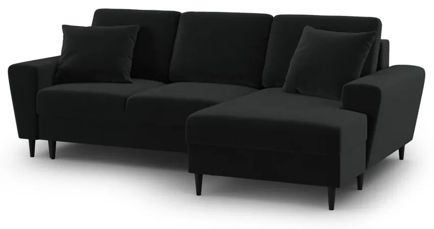Czarny aksamitny rozkładany narożnik ze schowkiem (prawostronny/z szezlongiem) Kyoto – Cosmopolitan Design